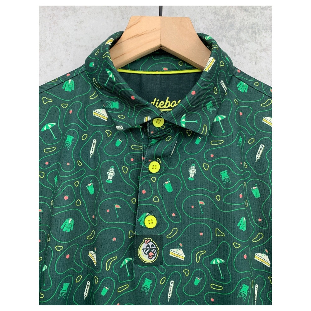 Birdie Boss Polo Shirt Mens Medium Green Masters Golf Course Print Performance